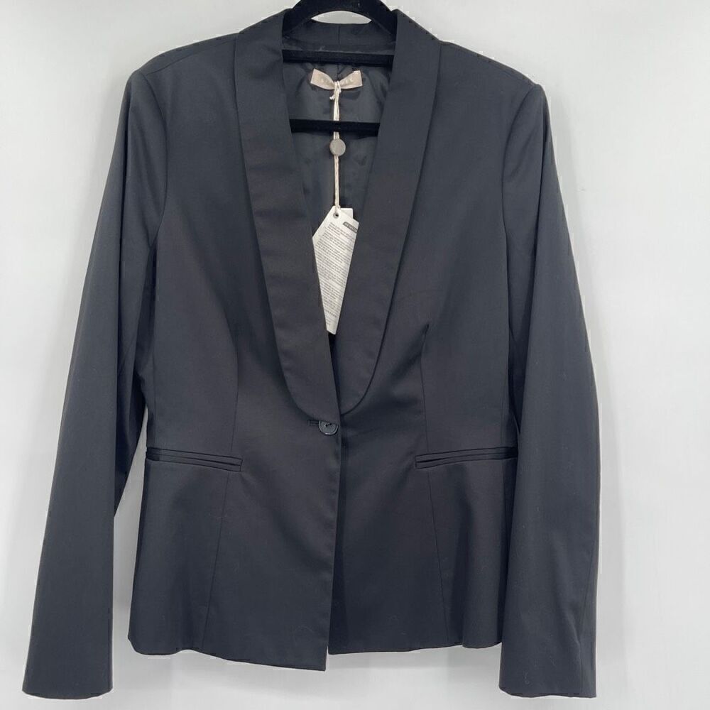Stefanel Black Shawl Collar Single Breasted Long Sleeve Blazer Jacket Sz 14 NWT